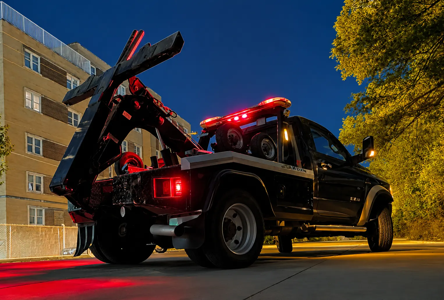 Black self-loading recovery truck at night in a Kansas City setting