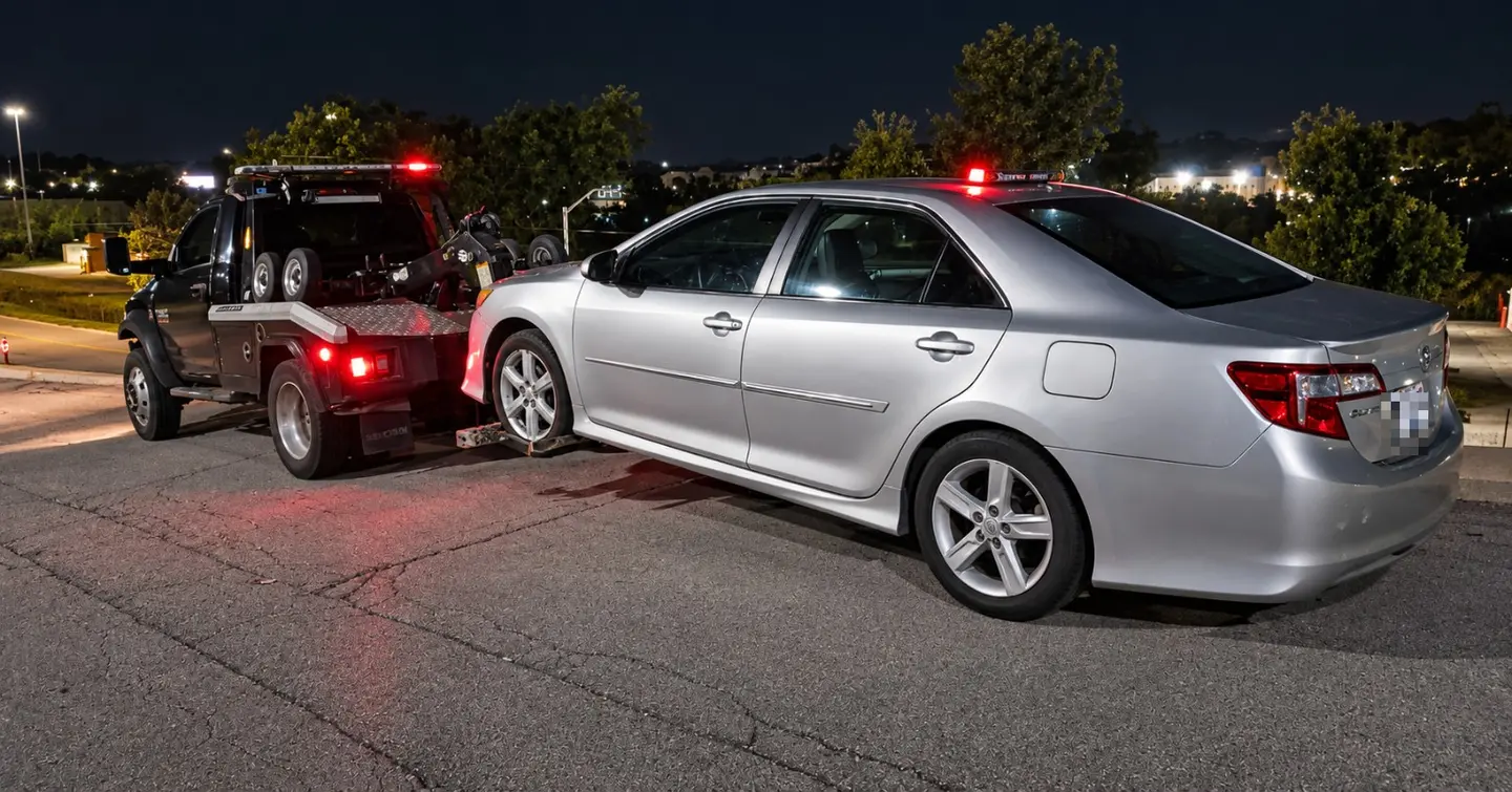 LRS wheel-lift tow truck securing a silver passenger sedan during a nighttime lender-directed recovery in Mission Kansas